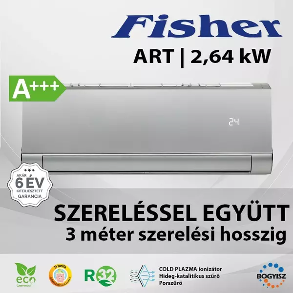 FISHER ART FSAUIF-ART-93AE3-S/FSOAIF-ART-92AE3 INVERTERES SPLIT KLÍMA (SILVER) / 2,64 kW / A+++ / R32 - SZERELÉSSEL EGYÜTT