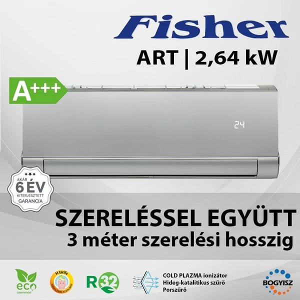 FISHER ART FSAUIF-ART-93AE3-S/FSOAIF-ART-93AE3 INVERTERES SPLIT KLÍMA (SILVER) / 2,64 kW / A+++ / R32 - SZERELÉSSEL EGYÜTT