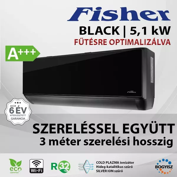 FISHER BLACK FSAIF-BL-181FE3/FSOAIF-BL-181FE3 OLDALFALI SPLIT KLÍMA / 5.1 KW / A+++ / R32 - SZERELÉSSEL EGYÜTT