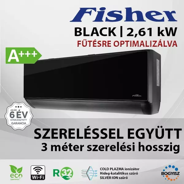 FISHER BLACK FSAIF-BL-91FE3/FSOAIF-BL-91FE3 OLDALFALI SPLIT KLÍMA / 2.61 KW / A+++ / R32 - SZERELÉSSEL EGYÜTT