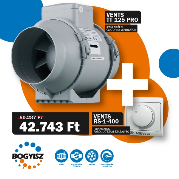 VENTS 125 PRO TT IPARI CSATORNAVENTILÁTOR + VENTS RS-1-400 FOLYAMATOS FORDULATSZÁM SZABÁLYZÓ 1,8A