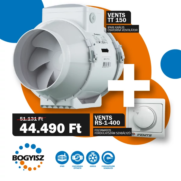 VENTS TT 150 IPARI CSATORNAVENTILÁTOR + VENTS RS-1-400 FOLYAMATOS FORDULATSZÁM SZABÁLYZÓ 1,8A