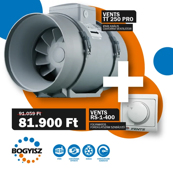 VENTS 250 TT PRO IPARI CSATORNAVENTILÁTOR + VENTS RS-1-400 FOLYAMATOS FORDULATSZÁM SZABÁLYZÓ 1,8A
