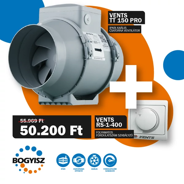 VENTS 150 TT PRO IPARI CSATORNAVENTILÁTOR + VENTS RS-1-400 FOLYAMATOS FORDULATSZÁM SZABÁLYZÓ 1,8A