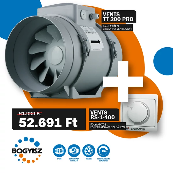 VENTS TT 200 PRO IPARI CSATORNAVENTILÁTOR + VENTS RS-1-400 FOLYAMATOS FORDULATSZÁM SZABÁLYZÓ 1,8A