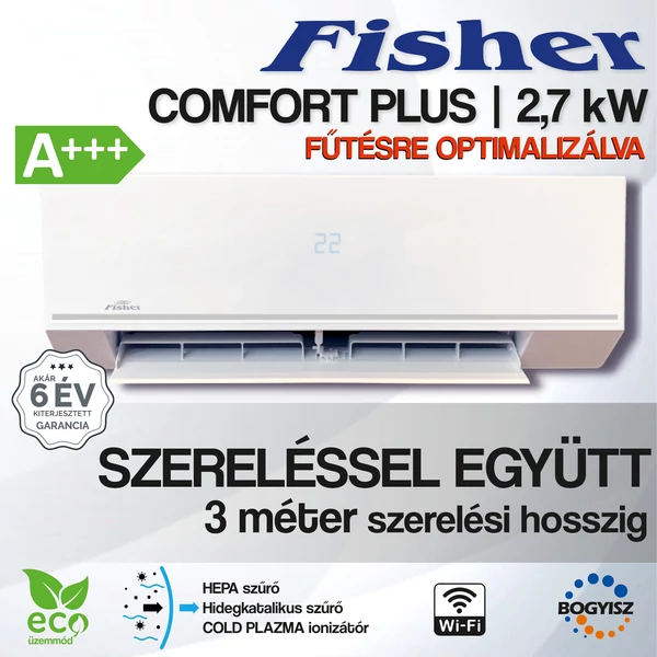 FISHER COMFORT PLUS FSAIF-CP-91AE3/FSOAIF-CP-91AE3 INVERTERES KLÍMA / 2,7 KW / A+++ / R32 - SZERELÉSSEL EGYÜTT