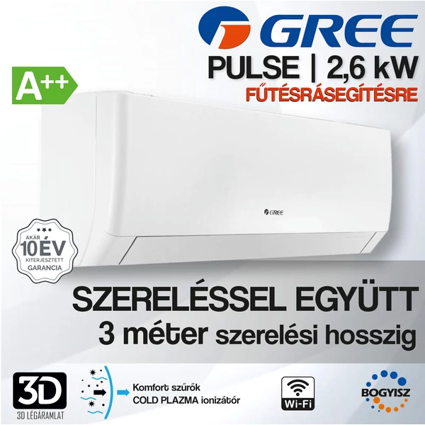 GREE PULSE GWH09AGA-K6DNA1A INVERTERES KLÍMA / 2,5 KW / A++ / R32 - SZERELÉSSEL EGYÜTT