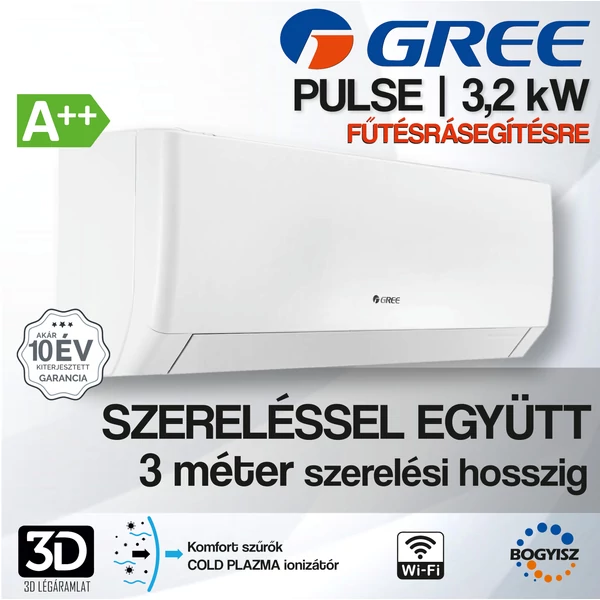 GREE PULSE GWH12AGB-K6DNA1A INVERTERES KLÍMA / 3,2 KW / A++ / R32 - SZERELÉSSEL EGYÜTT
