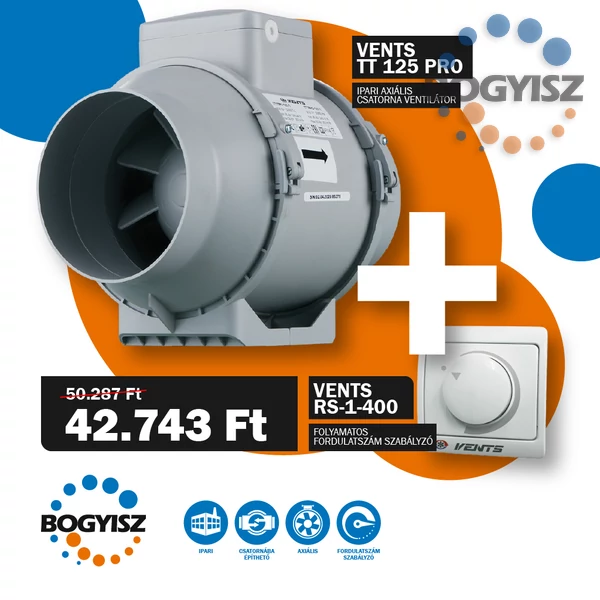 VENTS 125 PRO TT IPARI CSATORNAVENTILÁTOR + VENTS RS-1-400 FOLYAMATOS FORDULATSZÁM SZABÁLYZÓ 1,8A