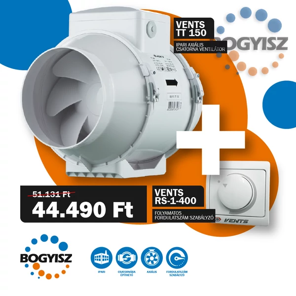 VENTS TT 150 IPARI CSATORNAVENTILÁTOR + VENTS RS-1-400 FOLYAMATOS FORDULATSZÁM SZABÁLYZÓ 1,8A