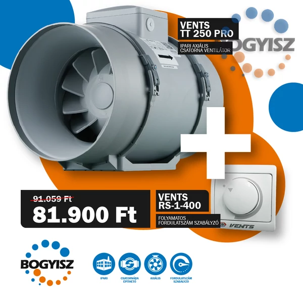 VENTS 250 TT PRO IPARI CSATORNAVENTILÁTOR + VENTS RS-1-400 FOLYAMATOS FORDULATSZÁM SZABÁLYZÓ 1,8A