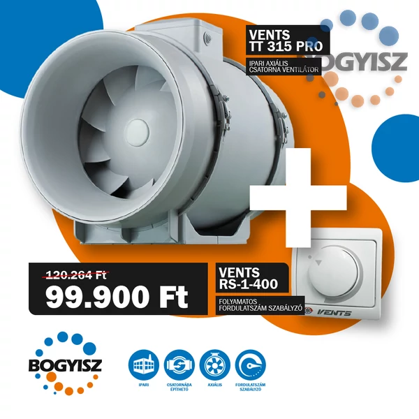 VENTS 315 TT PRO IPARI CSATORNAVENTILÁTOR + VENTS RS-1-400 FOLYAMATOS FORDULATSZÁM SZABÁLYZÓ 1,8A
