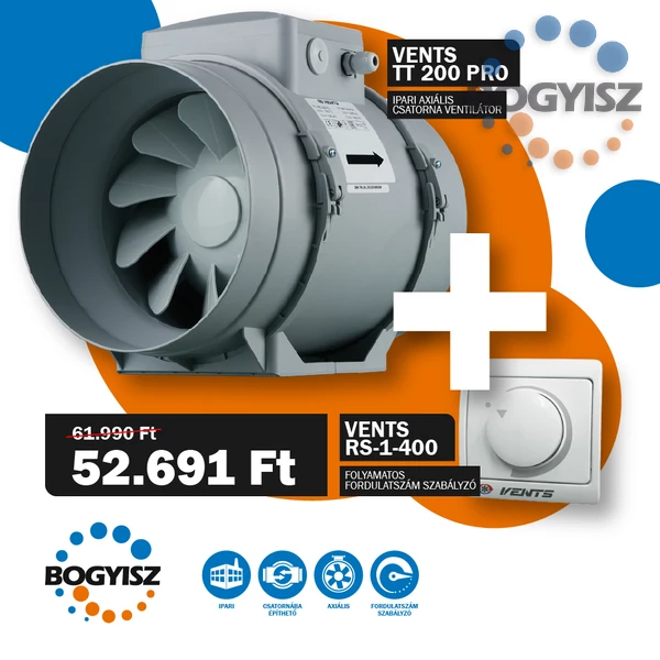 VENTS TT 200 PRO IPARI CSATORNAVENTILÁTOR + VENTS RS-1-400 FOLYAMATOS FORDULATSZÁM SZABÁLYZÓ 1,8A