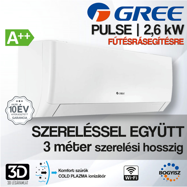 GREE PULSE GWH09AGA-K6DNA1A INVERTERES KLÍMA / 2,6 kW / A++ / R32 - SZERELÉSSEL EGYÜTT